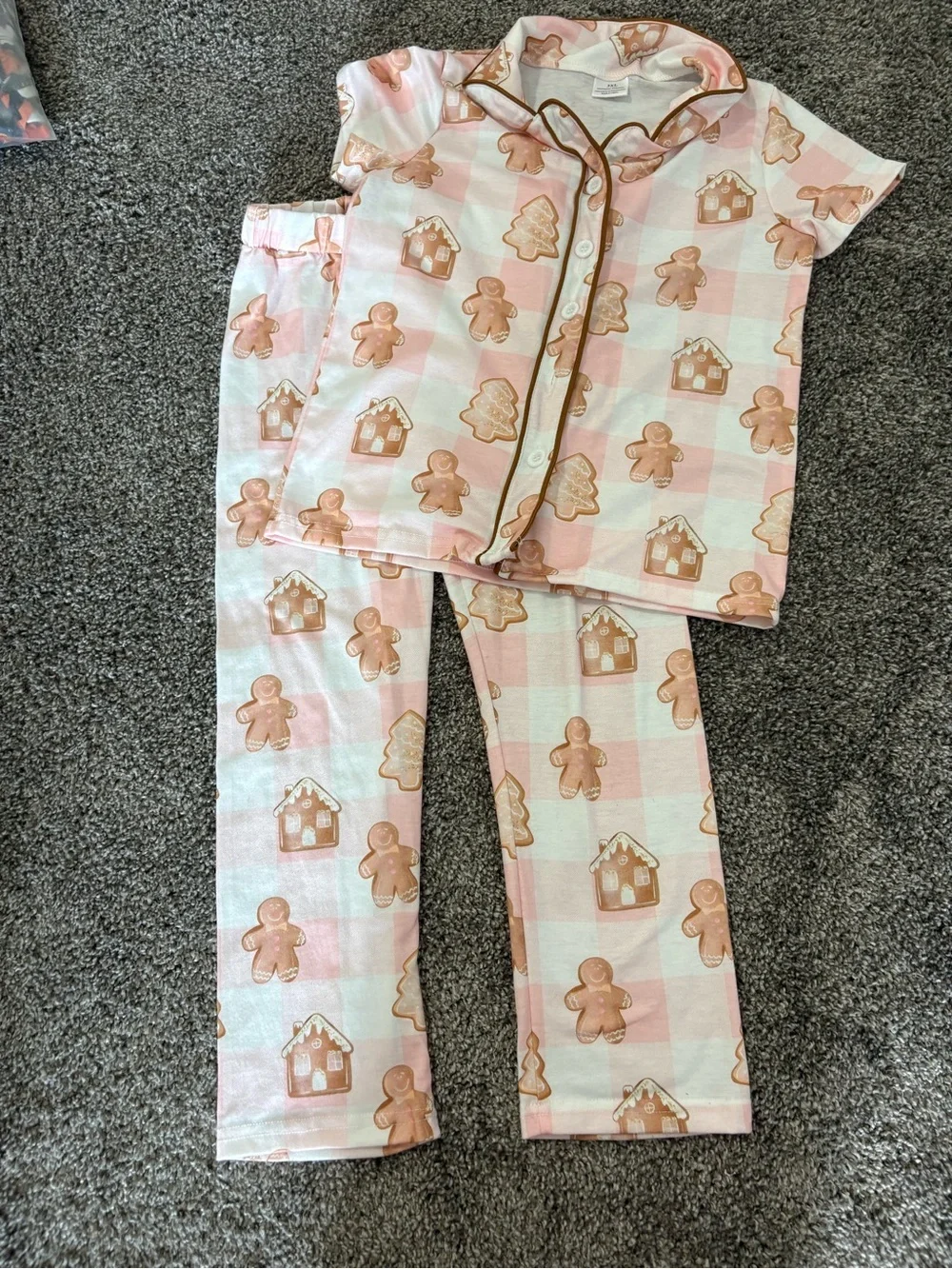 Girls Pink Gingerbread Plaid Short-Sleeve Pajama Set